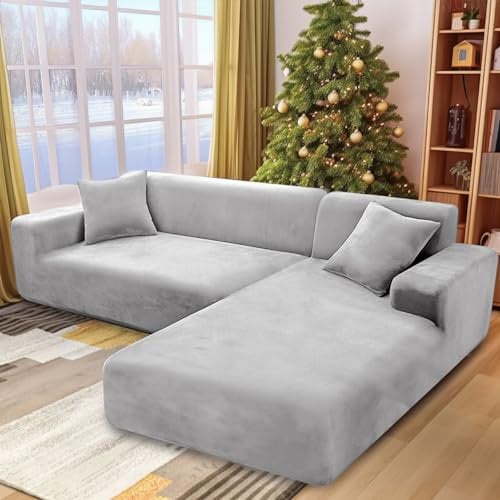 NAKIHOUSE Dicke Samt Sofa Überwürfe Sofabezug mit einem Kissenbezug, Superweicher Elastische Sofa Abdeckung in Silber Grau Farbe für 1/2/3/4 Sitzer(L-förmiges Ecksofa erfordert Zwei)
