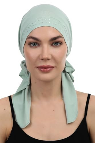 Deresina Headwear Vorgebundenes Bandana bei Haarausfall, Bambus Chemo Kopftuch für Damen, Elegant Kopftücher Turban, Kopfbedeckung Chemotherapie, Tichel Schädelkappe (Juwelenbesetzte Mint)