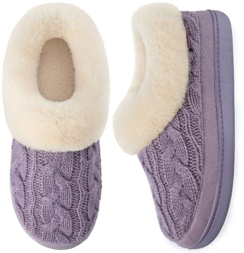 VeraCosy Ladies' Warm Knitted Faux Suede Memory Foam Moc Slippers Purple, 5 UK