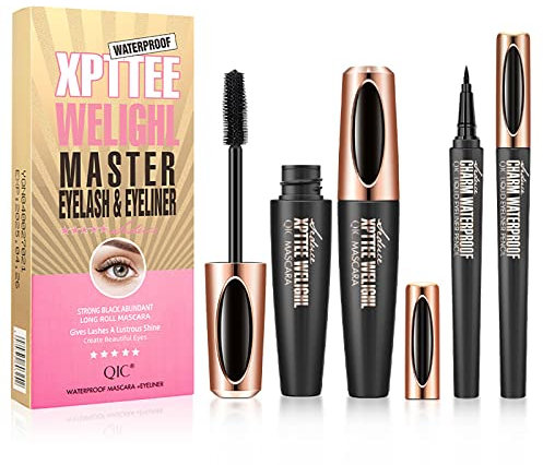 Joyeee Lot de 2 mascara eyeliner, mascara et eyeliner liquide en fibre de soie 4D, cils volumineux plus épais, kit de maquillage pour les yeux imperméable et résistant aux taches (05)