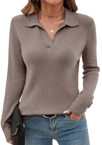 Romanstii Women's Old Money Polo Sweater Lightweight Knitwear V Neck Long Sleeves Winter Pullover Tops,Light Coffee,XL