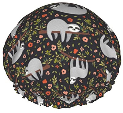 Cuffia da doccia divertente con bradipo per donne, strato doccia da bagno riutilizzabile fascia elastica orlo elasticizzato cappello per capelli