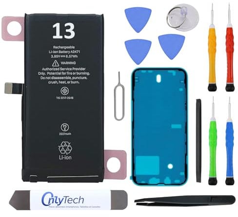 OnlyTech Premium-Ersatzakku für iPhone 13-3227 mAh, identisch mit dem Original, Set mit 12 professionellen Werkzeugen und Bildschirmkleber inklusive