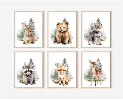 Wandkunst, Waldtiere, Kinderzimmer, Wandkunst, Set mit 6 Stück, Baby-Jungenzimmer, Wandkunst, Waldtier, Leinwand, Wanddekoration, Kinder-Kunstdrucke, Aquarell, Bär, Hirsch, Fuchs, Bilder, Kunstwerk