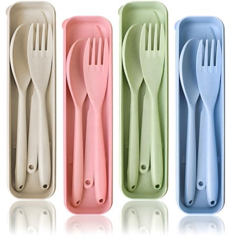 Large Travel Cutlery Set with Case, 4 Sets Reusable Plastic Spoons Fork Knife, Plastic Cutlery Sets for Lunch Box for Adults Travel Picnic Camping Daily Use
