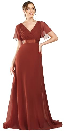 Ever-Pretty Women's Double V-Neck Short Flutter Sleeves Empire Waist Elegant Chiffon Long Evening Dresses VE-Vermilion 8UK