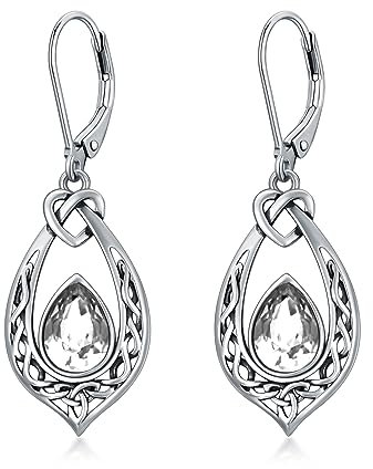 Keltischer Knoten Ohrringe 925 Sterling Silber Irischen Leverback Baumelnde Ohrhänger mit Weiß April Geburtsstein Kristall