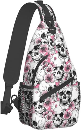 Halloween-Umhängetasche, Totenkopf, Umhängetasche, Rucksack für Damen und Herren, verstellbar, trendig, Tagesrucksack, Brusttasche, Totenkopf mit Blume 8, One size
