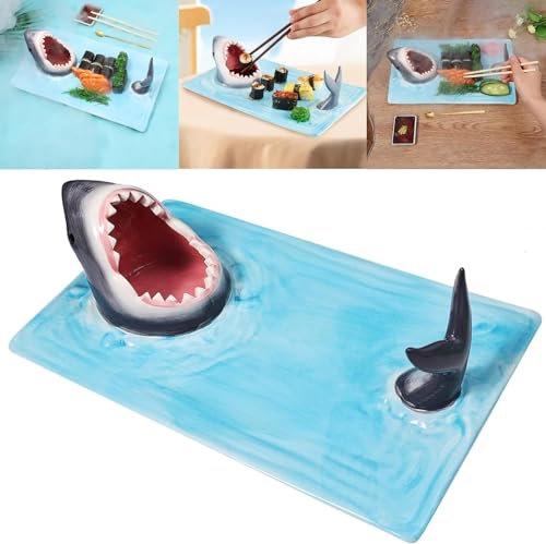 XIAOBAN Assiette à sushi requin, assiette à sushi Shark Attack, plateau de service en céramique en forme de requin, planche à sushi pour table de cuisine et de salle à manger (bleu)
