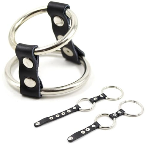 Edelstahl Leder Penisring Cockring Verstellbar 2 Ringe Hodenring Mit Penis-Hodenteiler Keuschheitsschloss Penis Hoden Bondage Sexspielzeug Zur Verzögerten Ejakulation,Schwarz,Kurz