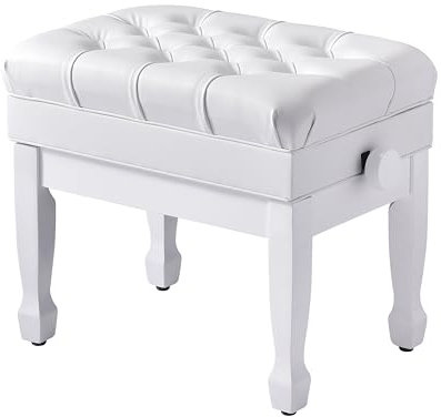 FILISITE Adjustable Height Piano Bench with Storage, Heavy Duty Solid Wood Piano Stool Keyboard Bench with PU Leather Padded Cushion (White)