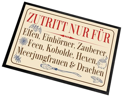 Fußmatte | Türmatte mit Spruch | 60x40cm | Zutritt nur für Elfen, Einhörner, Zauberer, Feen, Kobolde, Hexen, Meerjungfrauen & Drachen | für innen und außen | Vorleger für die Haustür / Flur