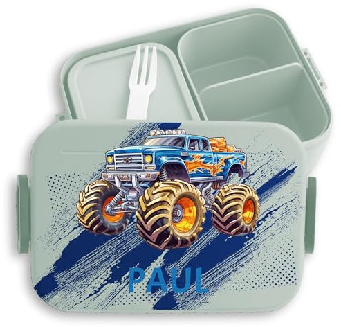 Kinder Bento Box Midi für Mepal Bentobox - Auto - Lunchbox Monstertruck mit Name Brotbox Monster Truck | Jungen Geschenk Einschulung Trucks - 900 ml - Sage Grün - brotdose schule junge geschenke