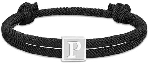 Paracord Armband Herren Surferarmband Bracelet Schwarz Segeltau Armband Herren Verstellbares Handgemacht Geflochtenes Armbänder mit Buchstaben A-Z Abschluss Geburtstag Geschenke für Männer (Silber P)
