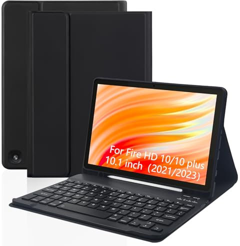 XCHYTECHER Keyboard Case for Amazon Fire HD 10/10 Plus 10.1 inch, Detachable Keyboard with Type-C Charging Port Cover (Black+Black)
