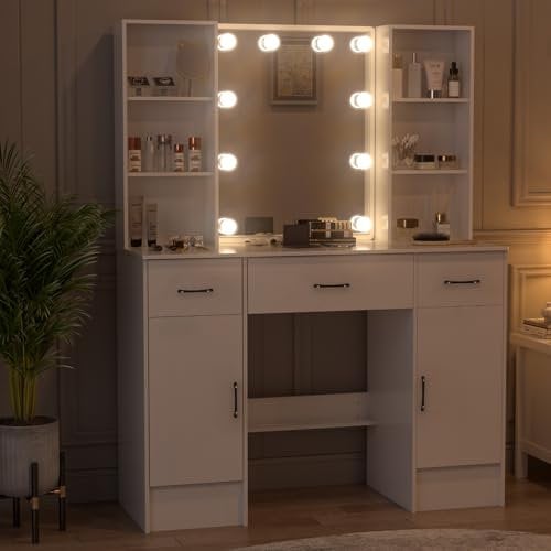 Koestem Large Dressing Table with Hollywood LED Lights and Stool, 109x40x140 cm White Vanity Table Set with Storage Shelves and 3 Drawers, 2 Cabinet for Girls Bedroom Furniture