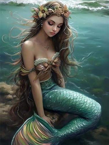 Mermaid Paint by Numbers, Paint by Numbers for Adults Landscape, Adult Paint by Numbers Canvas Kits, DIY Oil Painting kit with Brushes and Acrylic Pigment, Home Wall Decor 45x60cm (Frameless) T-892