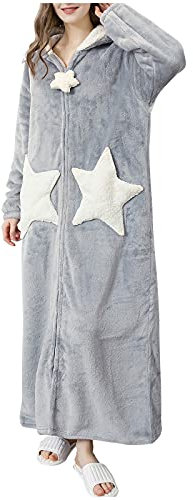 Womens Dressing Gown Hood - Stars Printed Sleeping Robe Super Soft and Warm Fleece Bathrobe Woman Nightwear Soft, Full Length Fluffy Sleepwear Loungwear Dressing Gown Star Print Bathrobe Grey