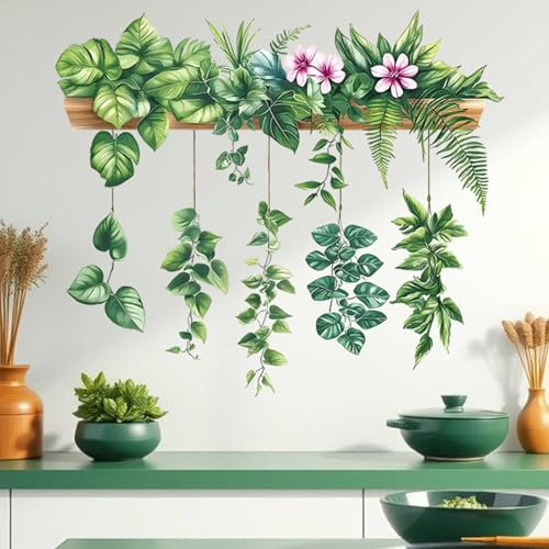 AHQKCRF Green Plant Leaves Wall Stickers Decor Hanging Flower Vine Wall Decals Peel and Stick DIY Removable Tropical Nature Wall Art for Living Room Bedroom Kitchen Classroom Office