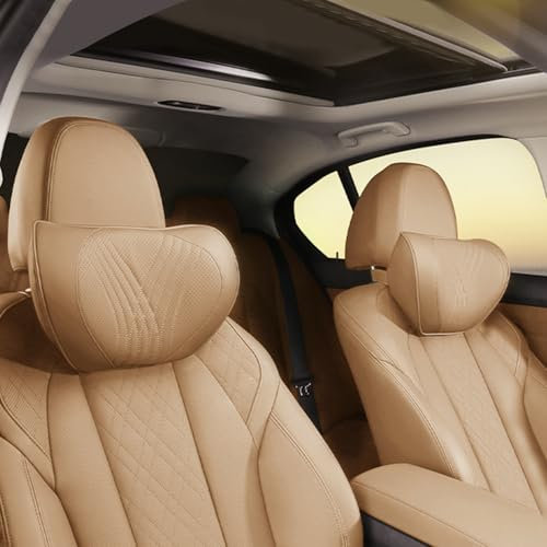 Dapucarin Leder Nackenkissen für Autositz Kopfstütze Kissen, Reisekissen Memory Foam, Komfortabel und Atmungsaktiv Auto Kissen, Abnehmbarer Abdeckung, Palomino Braun, 2 Stück