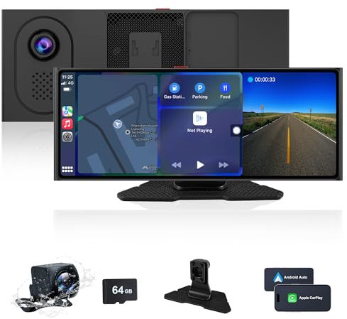 10.26 Schermo Wireless Carplay, Autoradio Portatile compatibile con A-pple Carplay & Android Auto, Autoradio con Dashcam 4K, Telecamera Posteriore AHD 1080P, Mirror Link, AUX/FM/BT, Scheda TF da 64G