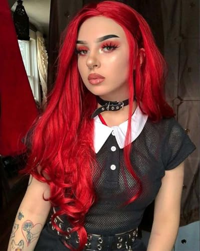 Xiweiya Wigs Synthetic Lace Front Red Wigs Long Body Wave Hair Heat Resistant Fiber Hair Wigs For Women Cosplay Part Wigs High Density 24Inches Red color