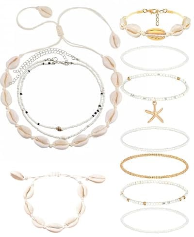 TPZORJX 11Pcs Muschel Halskette Damen Set mit Boho Schmuck - Böhmischer Stil Perlenarmband, Fußkette und Dekor