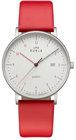 UMR RUHLA 30434 - Zeitlose Eleganz und erstklassige Verarbeitung- satinierte Edelstahlgehäuse – Quarzwerk - Ziffernblatt in Silber - rote Lederarmband – Made in Germany