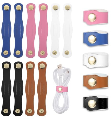 Tyqour 10pcs PU Leather Strap Cord Organizer, Cable Straps, Reusable Cable Ties for Electrical Cords, Snap Closure for Charging and Power Cords Headphone Organizer