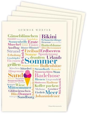 Deine Wörter Postkartenset - 5 Postkarten mit Sommer Wörtern, einzigartiges Souvenir und kreative Geschenkidee - DIN A6