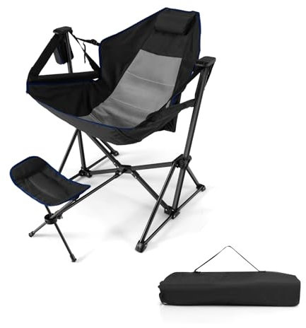 GIANTEX Hamac chaise de camping, chaise pliante et portable avec repose-pieds rétractable, dossier réglable, appuie-tête et porte-gobelet, sac de transport, fauteuil à bascule pour extérieur (Noir)