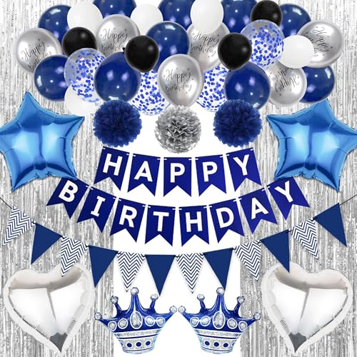 Runyuzi Geburtstagsdeko Blau Silber Set - Happy Birthday Banner Wimpel Girlande Geburtstag Deko, Lametta Vorhang Herzen Sterne Krone Folienballons Konfetti Ballons für Junge Männer