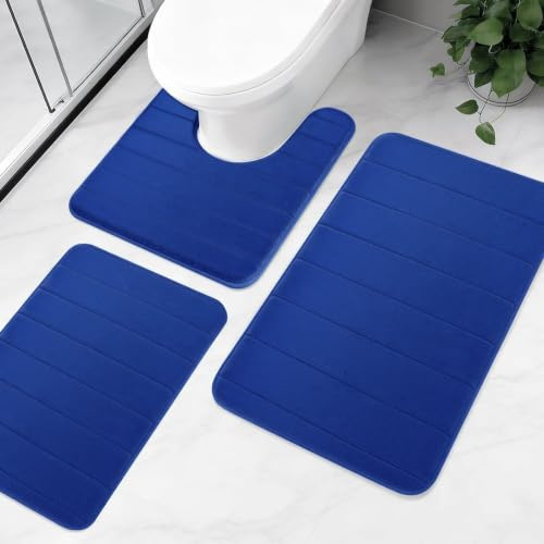 NAKIHOUSE Badematten-Set, Memory-Schaum, rutschfest, Blau, 3-teilig | Toilettenmatten-Set, ultra saugfähig, schnell trocknend, waschbar, Badezimmerteppiche für Dusche, Badewanne, Waschbecken