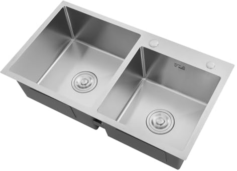 QIERF Fregadero de acero inoxidable con 2 cuencos, 78 x 43 x 21 cm, con escurridor y filtro de drenaje para garajes, lavaderos, sótanos, bares, cocinas y patios traseros