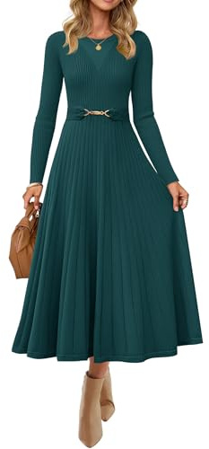 ZESICA Women's Long Sleeve Midi Sweater Dress 2025 Fall Crewneck Knit A Line Pleated Flowy Long Dresses with Belt