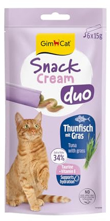 GimCat Snack Cream Duo Tonno & Erba – Deliziosa Duo Snack Crema per gatti in pratiche porzioni confezionate singolarmente – Confezione da 6 (6 x 15 g)