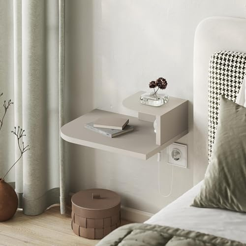HOCUS PICUS Luno Wall Mounted Nightstand, Rounded Corners, Sandstone | 2-Tier Floating Shelf with Adjustable LED Reading Light, Wall Mounted Bedside Storage, 40x30x12cm