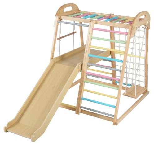 GYMAX 8 in 1 Kids Climbing Set, Indoor Playground Jungle Gym with Slide, Climbing Ladder/Net, Monkey Bars, Swing & Rope Ladder, Wooden Toddler Climber Playset for 3-5 Years Old (Colorful)