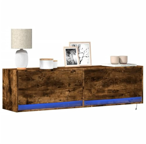 Meuble TV mural flottant moderne avec éclairage LED RGB réglable, 2 tiroirs de rangement, design en chêne fumé 140 cm, parfait pour salon et salle de séjour, installation murale gain de place