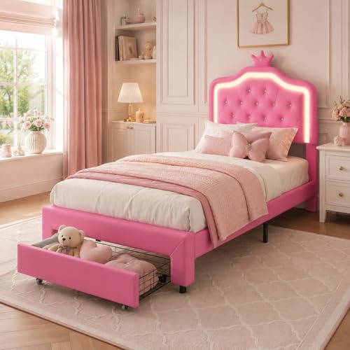 PerGar LED PU Leather Bed Frame, Pink Princess Crown 3ft Single Bedstead | Childrens Upholstered Bed with Storage Drawer, Adjustable Height Headboard, for Girls Bedroom 90x190cm