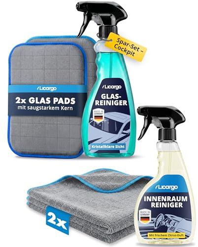 LICARGO Auto Innenraum & Scheiben Reiniger Set - 500ml Innenraumreiniger + 750ml Auto Scheibenreiniger Made in Germany + 2x 380GSM Mikrofasertuch + 2x Glas Pads - Autopflege Cockpitpflege