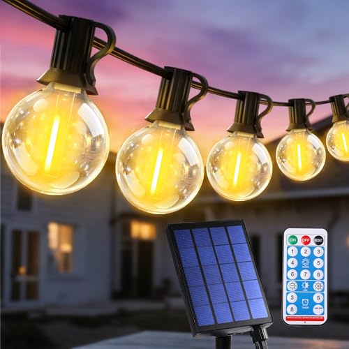 Qxmcov Catena Luminosa Esterno Solare, 15M Luci Solari Esterno Giardino con 25+3 G40 LED Plastica Lampadine, Bianco Caldo Impermeabile Catena Luci Solari con Telecomando per Festival, Feste, Giardini