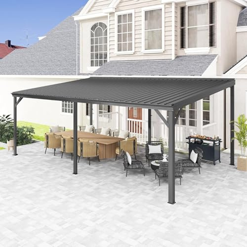 Domi Wandmontierter Pavillon 3,61 × 6,01 m mit Festem Dach, Verzinktes Stahldach mit Regenrinnen, 96 km/h Windbeständig, Outdoor-Überdachung für Terrasse & Garten – Grau
