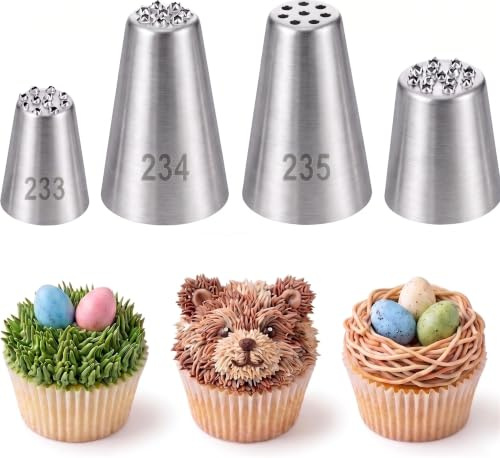 Grass Piping Nozzle Set, 4 Pcs Stainless Steel Tips, 4Sizes | Reusable, easy to clean, fits 18/24/25mm couplers, for cakes, cupcakes and biscuits, creates fur, hair and moss textures