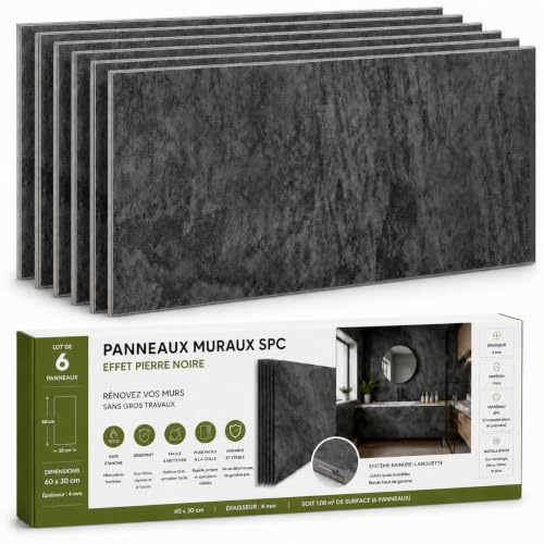 Paredes 3D Panel de pared de baño y ducha impermeable efecto piedra negra – Azulejos de pared para pegar y credence cocina imitación piedra – 6 losas SPC 60 x 30 cm (1,08 m2)