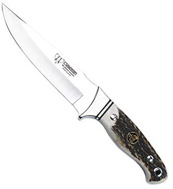 Cudeman Cuchillo 248-C hoja de acero ACX-380 de 15 cm empuñadura de asta de ciervo de 11,5 cm para caza, pesca, supervivencia y bushcraft + Portabotellas regalo