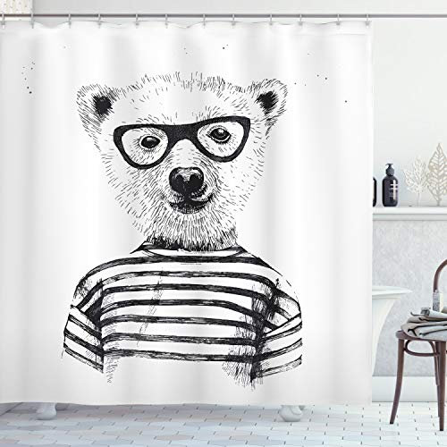 ABAKUHAUS Hipster Duschvorhang, Bär in Gläser Fun, Stoffliches Gewebe Badezimmerdekorationsset mit Haken, 175 x 180 cm, Schwarz Weiß