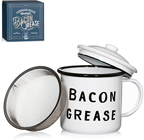 Golden Hills Mercantile Bacon Grasso Contenitore con filtro a rete, design rustico rustico di metà secolo, smalto bianco su metallo, 10,2 x 10,2 cm, smaltatura vintage con coperchio (nero)