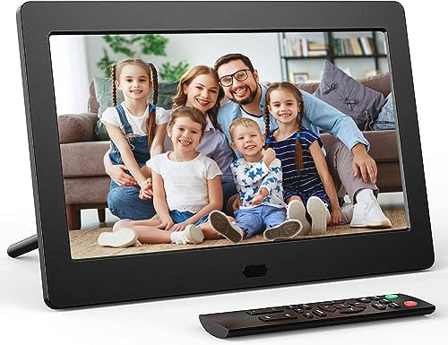 Digitaler Fotorahmen 7 Zoll HD, Fambrow Digitaler Bilderrahmen Full IPS Display mit Foto/Musik/Video Player/Kalender/Alarm, Helligkeit einstellbar Elektronischer Fotorahmen mit Fernbedienung