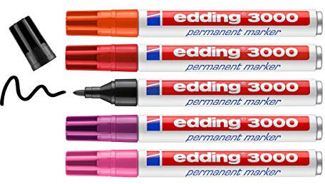 edding 3000 Permanentmarker - rot, orange, pink, lila, schwarz - 5er Set - Rund-Spitze 1,5-3 mm - schnell trocknend, wasserfest, wischfest - für Karton, Kunststoff, Holz, Metall - Universalmarker